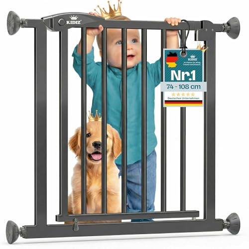 KIDIZ Barrera de seguridad para escaleras sin taladrar | Ancho ajustable: 74 – 80 cm, 75 cm de alto, rejilla de protección para puerta y barrera para niños y perros, apertura con una sola mano por