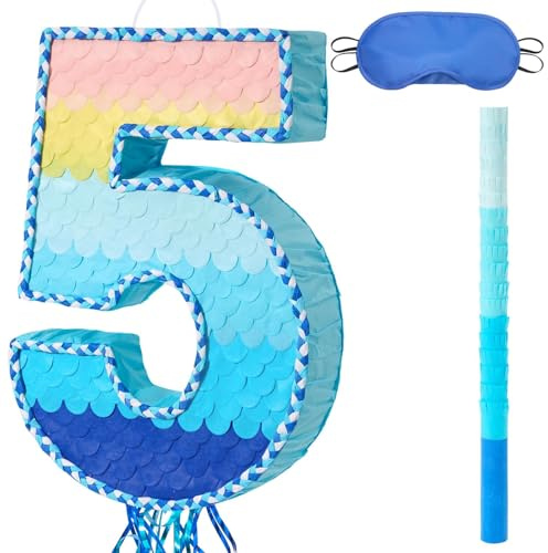 WERNNSAI Number 5 Pinata 5th Birthday Decoration Rainbow Number Pinata | Blue 5th Birthday Party 5 Year Anniversary Decoration Supplies Photo Props with Blindfold and Stick