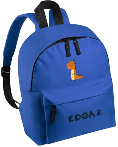 DEREGALOOS Mochila Personalizada para Niños y Niñas con Nombre. Ideal para el Colegio. Bolsillo Frontal y Espalda Acolchada. Impresión a Color con Diseño Original (Azul - Dinosaurio)