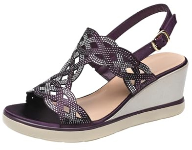 NovaNest Womens Wedge Sandals Dressy Summer Open Toe T-Strap Slingback Sandals with Rhinestone Detail Adjustable Buckle Mid Heel Comfort Platform Shoes