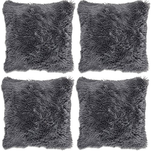 Adore 4 x Long Pile Super Soft and Cuddly Shaggy 17x17 (43x43cm) Cushion Cover, Charcoal