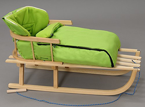 Holzschlitten Kinderschlitten Rodelschlitten Schlitten Klassischer aus Buchenholz mit Rückenlehne mit Winterfußsack aus Holz 90cm | 10 Farben (Grün)