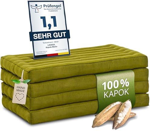 livasia Nachhaltige Klappmatratze aus Kapok - 200x80x8cm - Gästematratze, Faltbare Matratze einfarbig, ökologische Yogamatte, klappbares Gästebett, Liege Garten Balkon (Grün Uni)