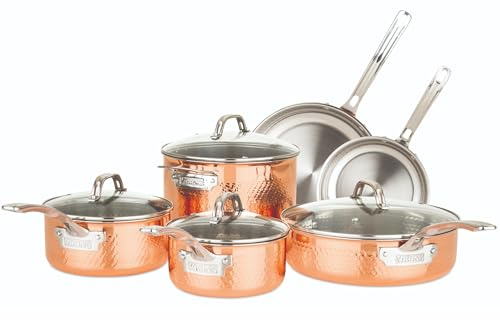 Viking 3-Ply Pots and Pans Set, 10 Piece Copper Kitchen Cookware with Glass Lids, Hammered Copper