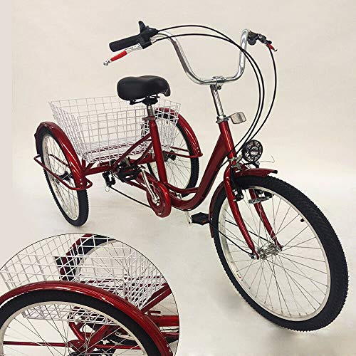 24 Adult Tricycle Easy Travel 6 Speed Senior Tricycle, Adjustable Handlebar, O-Shaped Anti-Collision Bar With Light,for Outdoor Sports and Shopping (Red)