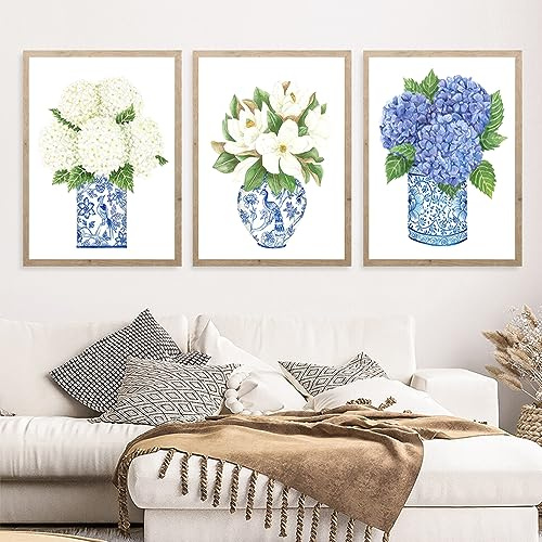 LUHDFYS Blue White Willow Style Ginger Jar Watercolor Chinoiserie Decor Canvas Painting Orchid Oriental Vase Porcelain Flower Jar Prints No Frame (16x24Inch Unframed)