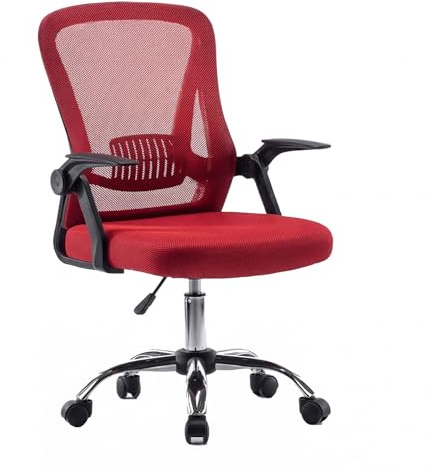 Panana Office Chair Flip-up Armrest Managerial Desk Chair Mesh Back Gas Lift Swivel Chair (Red)