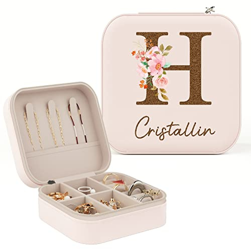 iDIY Boîte à bijoux femme personnalisée nom, Organisateur bijoux bague, collier et boucles d'oreilles, Cadeau femme, fille, mère, anniversaire, fête des mères Initiales de Fleurs + Nom