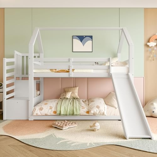 KecDuey - Letto a soppalco, 90 x 200 cm, con scala di accesso e scivolo, letto a castello, letto per bambini con ringhiera, adatto per bambini e adolescenti (Bianco)