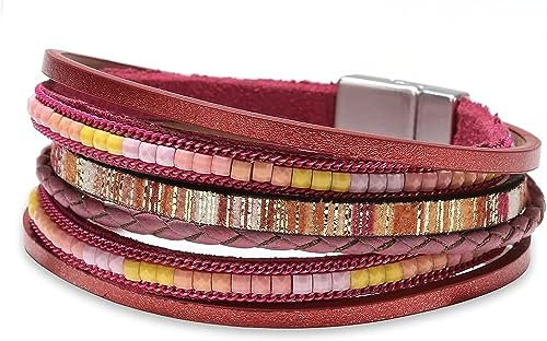 aesdox Leder Wrap Armbänder für Frauen, Boho Leopard mehrschichtige Kristallperlen Manschette Armband Schmuck Geschenk