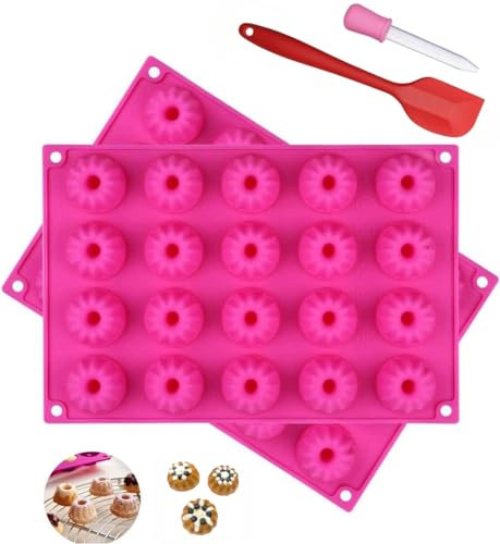 AVIMYA Mini Gugelhupfform Silikon 2 Stück Gugelhupf Backform 20 Cavity mit Antihaftbeschichtung für Kuchen Muffins Brownies Puddings 30x20x2.4cm, Rosa, mit Liquid Dropper und Spateln
