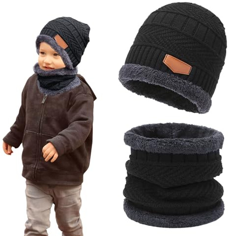 SKHAOVS 2 delar svart pojke flicka vinter mössa halsduk vintervarm stickad mössa arktisk sammet fodrad halsduk stickad mössa för barn halsduk för pojkar flickor 3–10 år, svart, one size