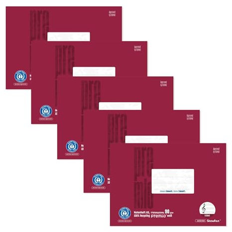 Staufen premio Notenheft - 5 Musikhefte je 8 Blatt, Lin N, DIN A5 quer, 90 g/m², 4 Notensysteme