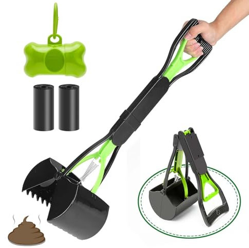 VIDSTW 45Cm Hundekotsammler Faltbar Hundekotschaufel mit 40 Kotbeutel für Hunde Kotschaufel Hund mit Hundekotbeutelspender Hundekotgreifer mit Langer Griff Hundekot Schaufel für Hund Katze (Grün)