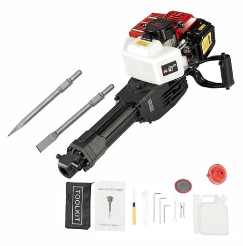 2-Stroke Petrol Demolition Jack Hammer with Pointed and Flat Chisel 1900W Concrete Drill Breaker Kit Jackhammer Concrete Breaker Post Driver Fende Knocker Jack Hammer Vibration-Cushioned Handle