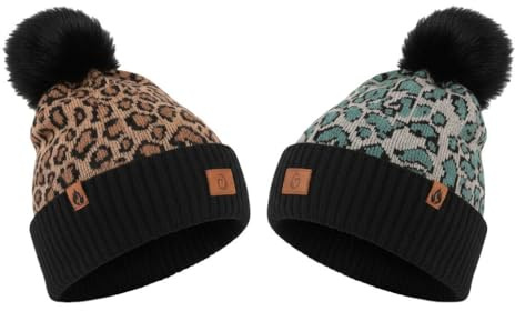 A2Z Ladies Leopard Knit Bobble Beanie - Hat LH3365 2 Pack One Size
