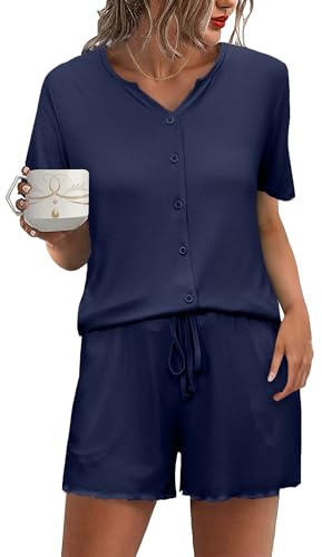 Demegimi Pyjamasset för kvinnor sommar kortärmad knapp ner nattkläder – mjuka V-ringade nattkläder myskläder set med dragsko shorts