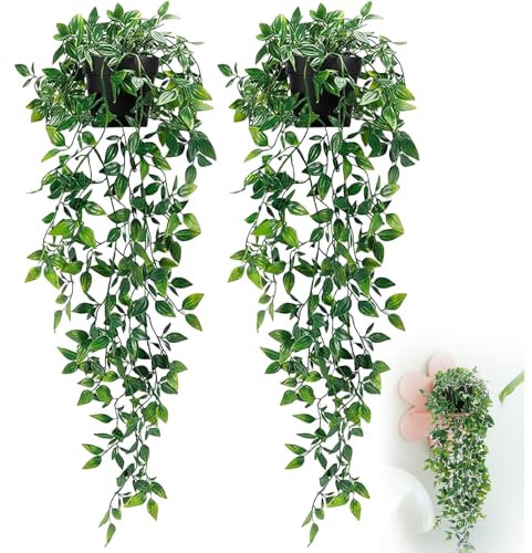 SuQurtom Artificial Hanging Plants 2pcs - UV Resistant Fake Ivy in Pots Realistic Plastic Greenery for Indoor Outdoor Wall, Balcony, Shelf & Wedding Décor