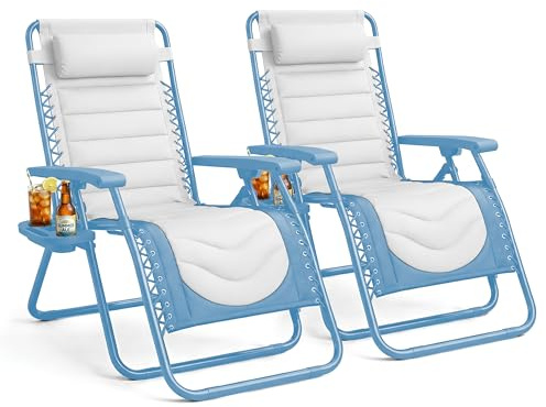 KEPLIN Set of 2 XXL Premium Heavy Duty Padded Two Tone Zero Gravity Chairs - Luxurious Garden Recliners, Adjustable Headrest, Cup & Phone Holder, Patio Sun Loungers - 150kg Weight Capacity, Blue