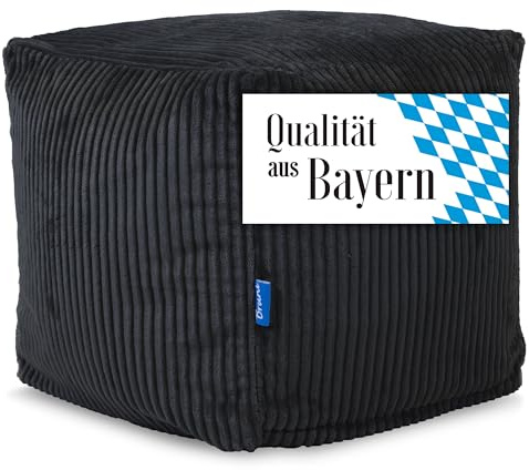 Bruni Cubo de pana en color negro – 40 x 40 x 40 cm – Asiento de pana de Alemania – Cubo de asiento de interior, reposapiés y cojín de suelo de pana
