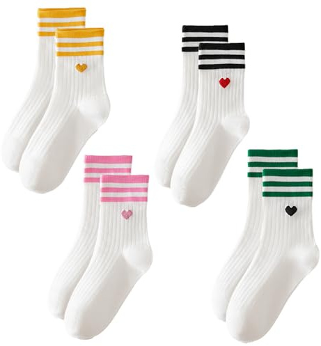 NICEIN Chaussettes Femme 39-42 Mi-Mollet Lot De 4, Chaussette Sport Coeur Femmes, Beau Coton Femme Bande Blanches Chaussette Running Ski & RandonnéE, Tennis