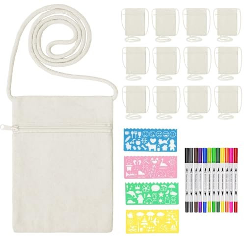 Stoffbeutel zum Bemalen, 12 Stück Klein Stoffbeutel Mit Reißverschluss, 17x12,5cm DIY Umhängegeldbeutel, DIY Beige Brustbeutel mit 12 Farbe Stiften und 4 Malschablonen, Taschen Bemalen,für Party,Feier