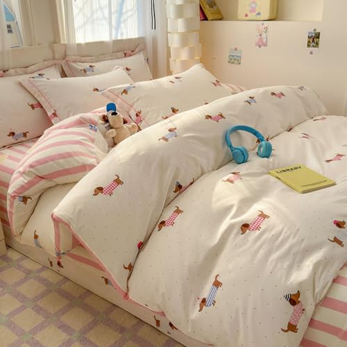 Covebett Juego de ropa de cama de 135 x 200 cm, diseño de perro salchicha, diseño de perro salchicha, funda nórdica de 2 piezas de microfibra suave y rayas rosas, perros y niñas, funda de edredón y