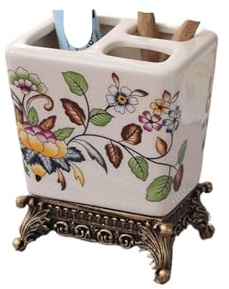 Portaspazzolino in ceramica con fiore vintage, for bagno, coppia, spazzolino e dentifricio(B-11X8X14CM)