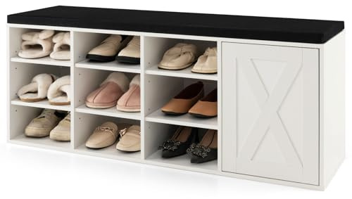COSTWAY Panca Scarpiera da Ingresso, Scarpiera con Seduta Imbottito, 9 Scomparti e Armadio con Ante, Panca Contenitore con Ripiani Regolabili, per Camera da Letto Corridoio, 110,5x30x49 cm (Bianco)