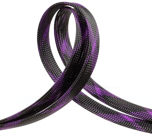 Braided Cable Sleeve, 33ft Expandable Wire Loom for Automotive Wiring Harness & PC Case, Pet-Proof Chew Resistant Cord Protector, Flexible Cable Management (Black-Purple, 6mm (1/4))
