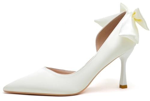 Tacones Moda Satén Lazo Punta Afilada Recorte Lateral Tacón Aguja Elegantes Zapatos Novia Estilo Coreano,White(Heel:5cm),34 EU