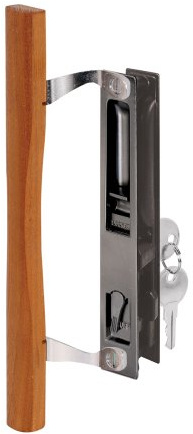Prime-Line C 1032 Keyed Sliding Glass Door Handle Set – Replace Old or Damaged Door Handles Quickly –Wood and Black Painted Diecast, Hook Style, Flush Mount, Fits 6-5/8 in. Hole Spacing (1 Set)