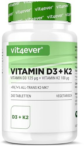 vit4ever Vitamin D3 + K2 Depot - 240 Tabletten - Premium Rohstoff: 99,7+% All-Trans (K2VITAL® von Kappa) - Mit 5000 I.E. Vitamin D3 pro Tablette - Laborgeprüft - Hochdosiert