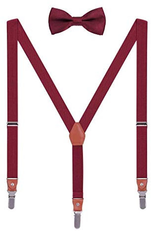 WANYING Unisex Hosenträger Fliege Set für Herren Damen 3 Starken Langen Clips Y-Form Elastische Hosenträger für Körpergröße 140-185cm - Bordeaux Rot