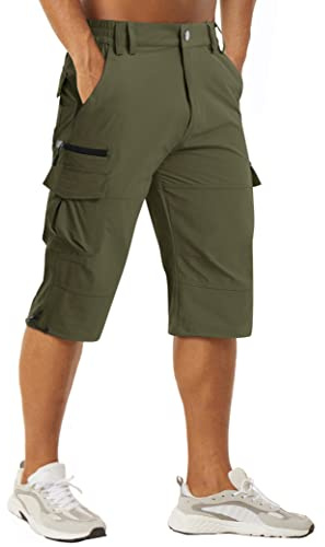 MAGCOMSEN Snabbtorkande arbetsshorts för män utomhus 3/4 capribyxor blixtlåsfickor vandring klättring shorts, Armégrönt, 48