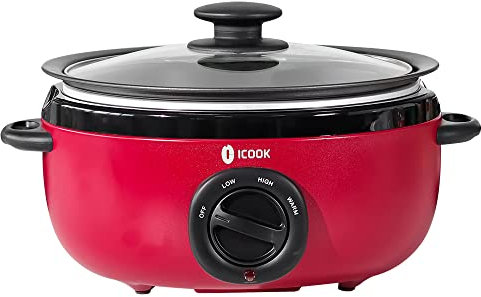 ICOOK 6,5 Quart Slow Cooker USC-65-OP001RD, in alluminio Sear/Sauté Stufato Pentola per stufato, lavabile in lavastoviglie, coperchio in vetro, temperatura regolabile, scaldalibi, rosso