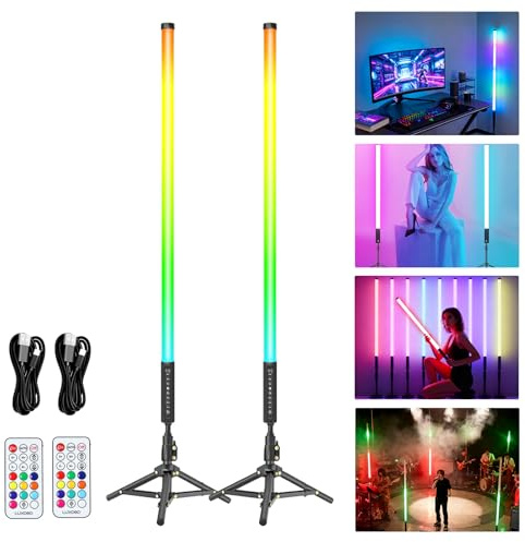 LUXCEO 2Pack 90cm RGB Tube Light Bar (3Ft) with Light Stand, 2.4G Remote Control, 5000 mAh Battery Powered LED Video Light Wand Stick for DJ Lighting, Dance Club and Photography Lighting