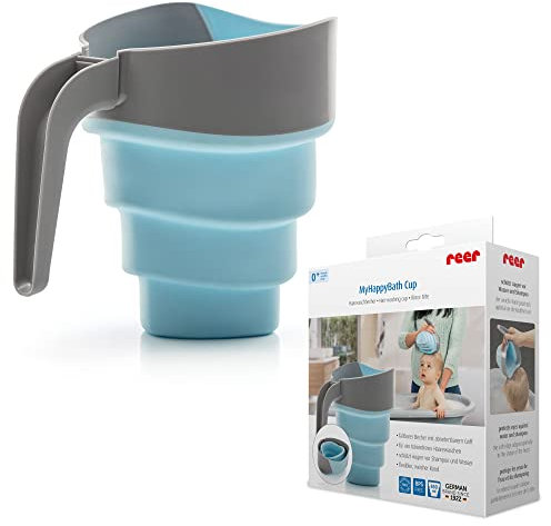 reer MyHappyBath Cup - Haarwaschbecher, Ermöglicht dir das Haarewaschen deines Babys ohne tränen, Flexibler Becher zum einklappen und griff entfernung - optimal für Reisen durch großer Platzersparniss
