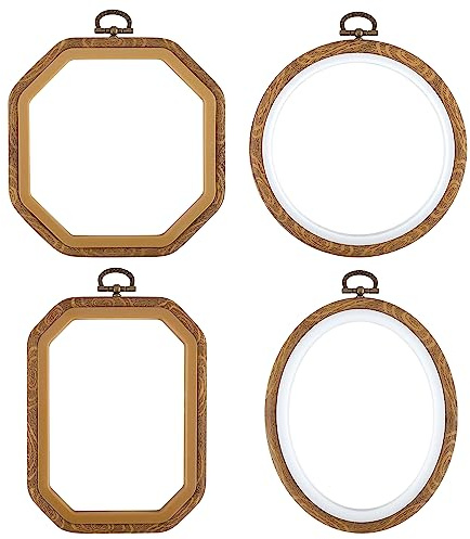 4 Pezzi Telaio da Ricamo, Imitato Legno Cornice per Ricamo Cerchio Ovale Rettangolare Ottagonale Telaio con Aghi per Punzone per Artigianato Artistico Cucito, Ornamenti da Appendere