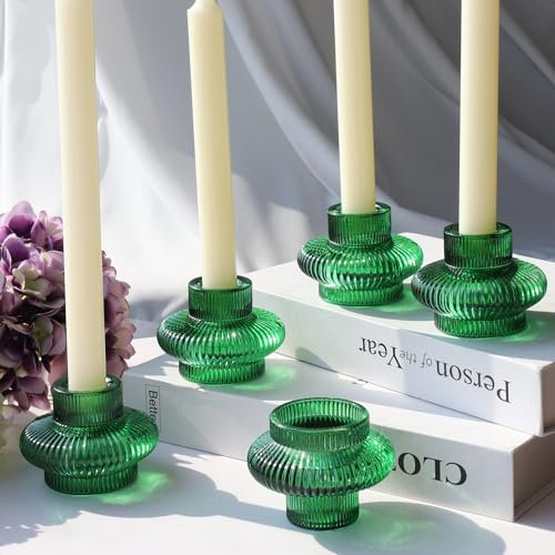 Vohocandle 6 pcs Green Candlestick Holders for Taper Candles & Tealights, Ribbed Candle Sticks Holders for Table Centerpiece, Tealight Holders for Christmas, Valentines Day, Wedding, Party