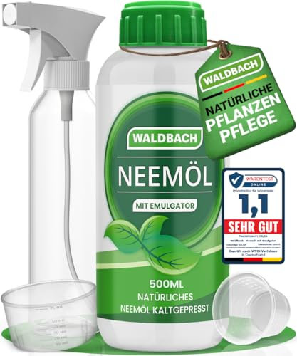 WALDBACH® Neemöl mit Emulgator [500ml] - Natürliches Neemöl für Pflanzen mit Sprühflasche und Messbecher - 50 Liter sprühfertige Mischung - Effektive Pflanzenpflege für Garten- & Zimmerpflanzen