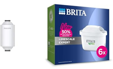 Philips Water - Shower Filter Cartridge, Remove Chlorine and impurities, Filtration Capacity: 50,000 & BRITA MAXTRA PRO Limescale Expert Water Filter Cartridge 6 Pack (New) - Original BRITA Refill
