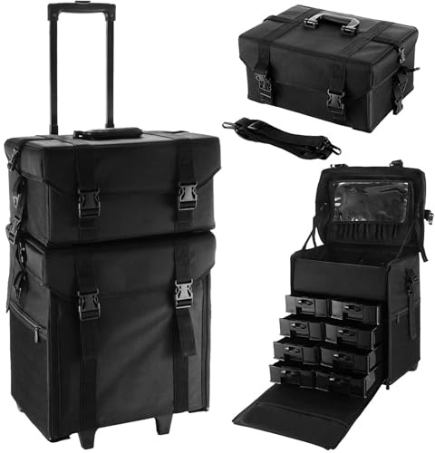 Valigetta cosmetica rimovibile 2 in 1, trolley con ruote e timone, con 8 cassetti, valigetta per unghie, truccatori e manicure, colore nero
