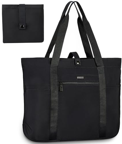 Voova Tote Bag for Women, Large Capacity Tote Bag with Zipper, Foldable Shoulder Bag Handbag for Work,Travel,Shopping, Beach, Black