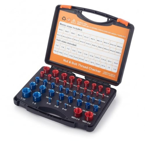 Comprobador de Roscas de Tuercas y Pernos, 44 Piezas de Calibres Identificadores de Tuercas y Pernos de Aluminio para Roscas SAE y Métricas, Alojados Individualmente en Estuche