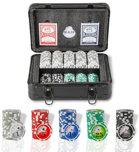 RELAX4LIFE Set Poker 500/300 Pezzi con Custodia in Alluminio Rigido, Include Carte, Dadi, Tessuto da Gioco e Pulsante Dealer,Per Serate Poker, Blackjack (Nero - Gettoni Pesi Standard, 300 Gettoni)