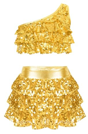 Riismen Vestito da Ballo Bambina Latino Americano Paillettes Abito da Ballo ​​Tutu Monospalla Crop Top Tango Costume Salsa Jazz Dancewear Artistico Vestito da Pattinaggio Oro 9-10 anni