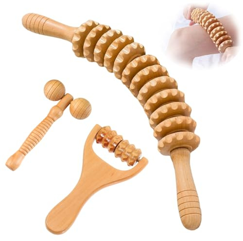 Zyiphor Faszienstab Holz, 3 Stück Faszienrolle für Rücken, Nacken, Beine & Lymphdrainage, Massageroller mit Griff zur Muskelentspannung, Lindert Müdigkeit & Cellulite für Zuhause, Reisen, Büro