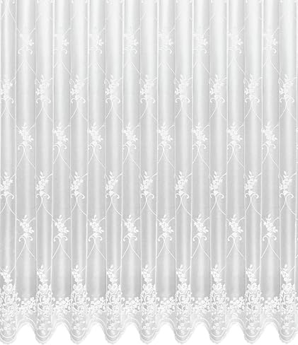 Sehlbach Tenda pronta per l'uso con fettuccia, Motivo a foglie in jacquard, Bianco, 300 x 160 cm, Aspetto elegante, Facile da applicare, Abbondante luce diurna, Discreta protezione della privacy