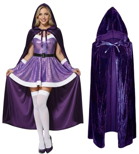 Pinkgarden Cape à capuche en velours pour adultes, cape d'Halloween, costume de sorcière pour cosplay, longue robe à capuche pour fête et déguisement (violet, 150 cm)